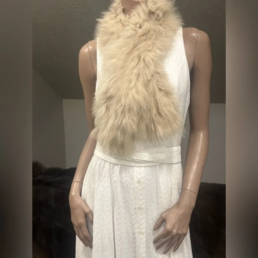 Real Fox Fur Scarf, Soft & Cozy Knitted Fox Fur Scarf, Beige Fox fur Collar